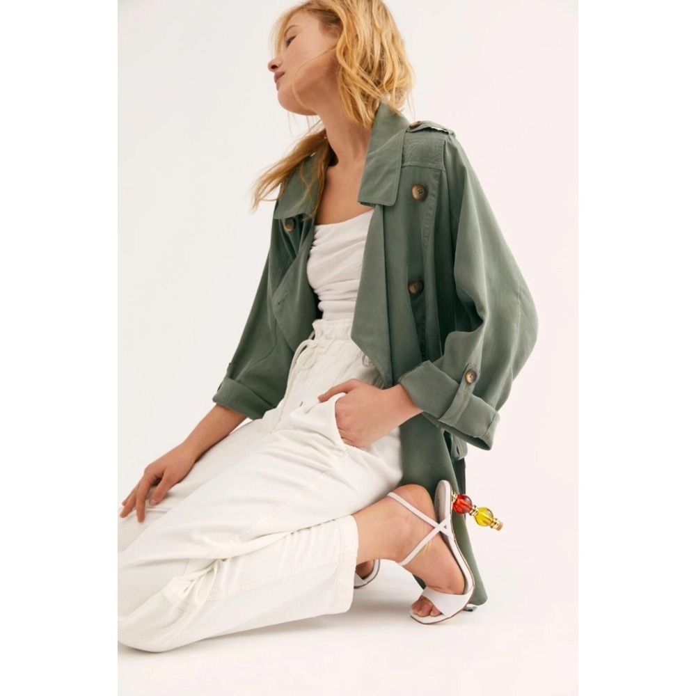 Free People Double Breasted The Lea Jacket Sage Green Cupro Utility Large Trench - Picture 2 of 10